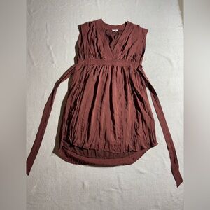 Aritzia Wilfred Rust Deep V-Neck Crinkle Sleeveless Empire Waist Dress